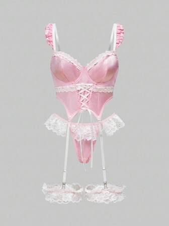 Kawaii Ensemble de lingerie pour femmes avec empiècement en satin rêveur, dentelle jacquard et volants à nouer avec armature