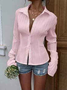 Sunnyshic 白色抗皱条纹纽扣前衬衫领长袖荷叶边袖口修身衬衫，时尚简约办公室休闲优雅日常百搭女士春夏 - 粉色 - 查看 4