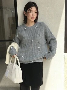 DAZY Suéter de cuello redondo de manga larga con nudo de lazo de punto trenzado de unicolor, informal, para primavera/otoño - Gris - Ver 12