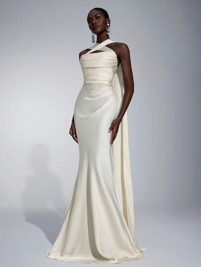 Elitara Elegant Romantic Chiffon Matte Ribbon Decorated Cold-Shoulder Strapless Fitted Mermaid Bridesmaid Dress