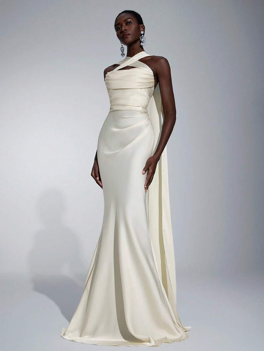 Elitara Elegant Romantic Chiffon Matte Ribbon Decorated Cold-Shoulder Strapless Fitted Mermaid Bridesmaid Dress - Apricot - View 1