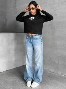 Cottnline Cottonline 100% Cotton Knitting T-Shirt With Bird Print Detailed Crew Neck - Black - View 3