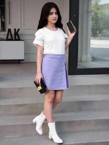 Tween Girl Casual Elegant Solid Ribbed Ruffle Trim Tee And Faux Pearl Decor Skirt Shorts 2 Pieces Set, Summer,Holiday,Summer,Travel