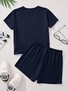 Emery Rose Kids Emery Rose Kids Bộ 2 món áo ngắn tay tối giản thường ngày và quần short cho bé gái tuổi teen, phù hợp cho mùa hè - Màu xanh hải quân - Xem 4