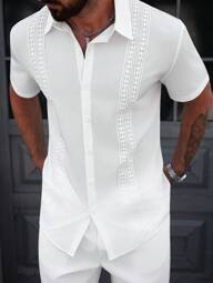 Manfinity CasualCool Camisa Casual Masculina de Verão, Cor Sólida, Contraste de Renda, Modelo Abotoamento Simples