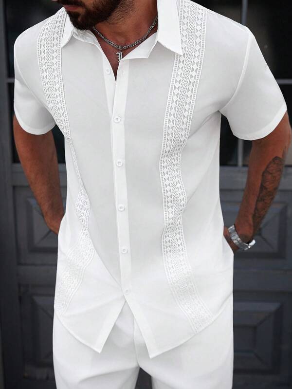 Manfinity Homme Men's Summer Solid Color Contrast Lace Single-Breasted Casual Shirt