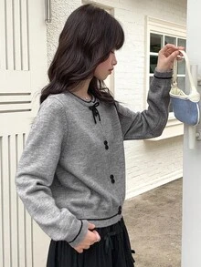 DAZY Teen Girl Contrast Color Bow Decor Round Neck Long Sleeve Single-Breasted Casual Cardigan Sweater Fall/Winter - Grey - View 6