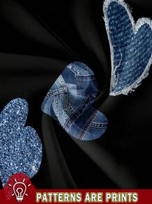 SHEIN LUNE 休闲蓝色牛仔心形图案背心，50% 棉，复古风格