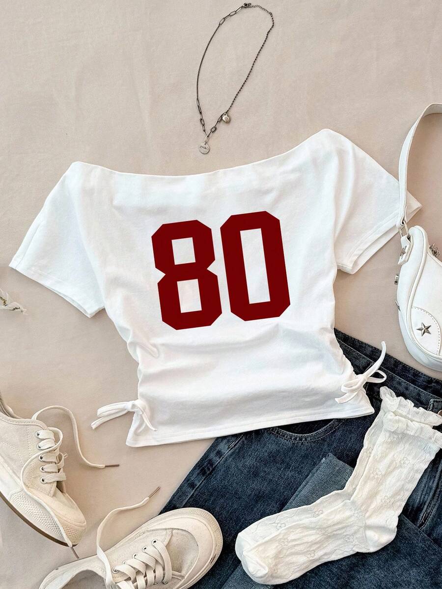 少女休闲露脐上衣，酒红色80号印花，短袖修身款，春夏时尚基础款，百搭运动风，返校季必备