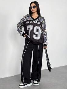 Teens (Girls) Casual Street Sports Jersey Camouflage Oversized V-Neck Sweatshirt Fall Winter - Black - View 8