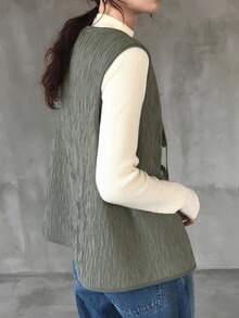 FRIFUL Chaqueta sin mangas de unicolor y textura con chaleco con lazo para mujer