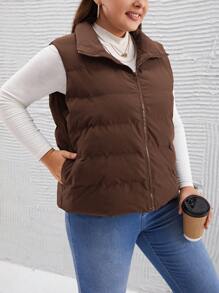 SHEIN LUNE Veste décontractée sans manches de couleur unie, grande taille, automne/hiver - Marron fonçé - Voir 3