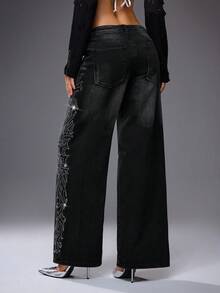 Shutterstock Y2Kool Pantalones vaqueros anchos de pierna ancha con lavado ácido y distorsionado, con adornos de cristal de estilo gótico de espinas para mujer, adecuados para fiestas de Halloween, vuelta al colegio, otoño/invierno, y estilo callejero Y2K