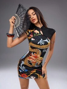 Shutterstock Y2Kool Vestido con estampado de dragón, elementos orientales, floral, sexy, casual, para mujer, adecuado para verano, otoño, vacaciones, fiesta, uso diario