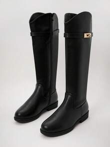 Solezae New Women's Riding Boot Sleek Black Knee-High Smooth Faux Leather Gold Tone Hardware Chic Rodeo Holiday Fun Comfort Shoe - Black - View 2