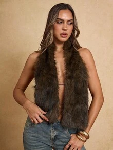 SHEIN BAE Autumn And Winter Sexy Asymmetrical Hem Tie Deep V Faux Fur Vest, Suitable For Going Out, Night Party, Rave Party, Western, Brown Tops,Halloween Costumes,Fall Clothes For Women
