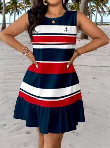 Veykashi 休闲度假风格航海红蓝白条纹网球裙，运动风格女式印花迷你连衣裙适合夏季度假，学院风大码条纹连衣裙 - 彩色 - 查看 3