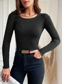EURMUSE Solid Scoop Neck Ribbed Knit Jumper - Black - View 6