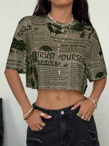 Coolane 报纸印花圆领休闲网眼短袖上衣 - 綠色 - 查看 5