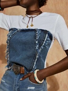 Bóhologie Áo thun denim chi tiết corset, áo thun hở ngực, phong cách đường phố Y2K, áo mùa hè thường ngày, kiểu dáng crop - Nhiều màu - Xem 5