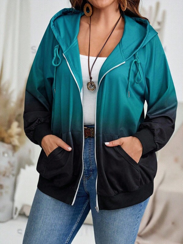 EMERY ROSE Chaqueta casual con capucha con cordón, manga raglán y efecto degradado para mujer talla grande