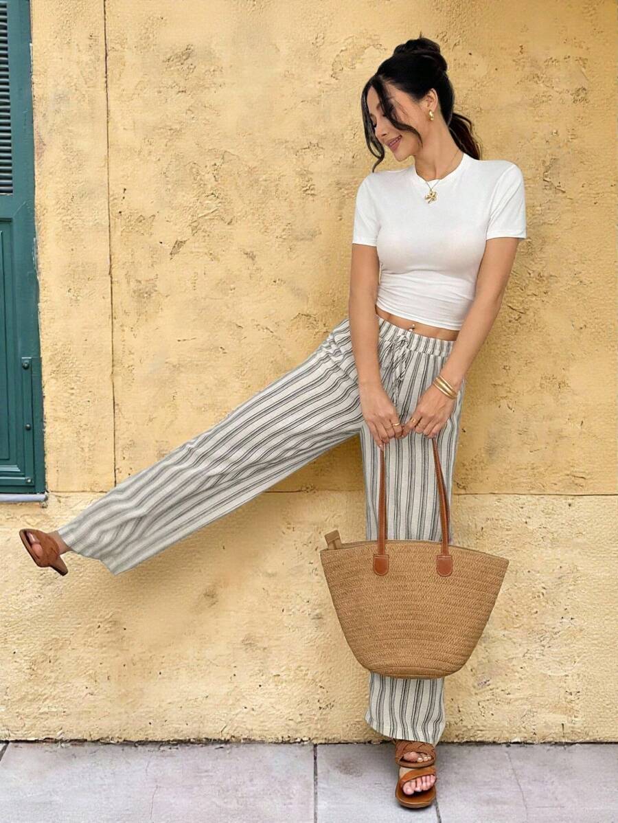 SHEIN PETITE Pantalones rectos de rayas casuales de vacaciones para mujer - Caqui - Ver 1