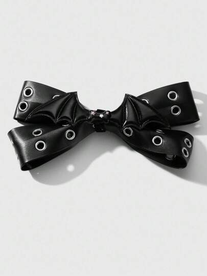 Grunge Punk 1 Stück Y2K Retro Mode Punk Goth Stil Schwarze Leder Doppel Luftauslass Schleife Flügel Tropföl Stern Knochen DIY Haarspange Federklemme Pferdeschwanz Clip, geeignet für Frauen und Mädchen, Alltagstragen und Geschenk, Halloween