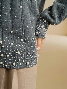 Anewsta Elegant V-Neck Pearl Design Loose Fit Long Knitted Sweater, Suitable For Autumn, Fall, Winter, Going Out, Elegant, Formal, Chic, New Year, Christmas, Graduation, Casual