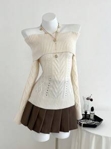 Elamini 时尚百搭纯色露肩修身毛衣 - 白色 - 查看 5