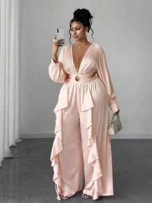 Maweii V-Neck Long Sleeve Ruffled Hollow-Out Elegant Jumpsuit - Pink - View 2