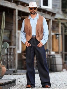 Manfinity Nomadique 男士休闲复古流苏装饰马甲，西部风格，麂皮面料，适合外出穿着，牛仔风格，西部马甲，棕色马甲，冬季款 - 棕色 - 查看 2