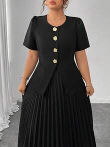 Elenzga Plus Size Women Metal Button Decor Round Neck Top And Pleated Skirt Elegant 2 Pieces Set