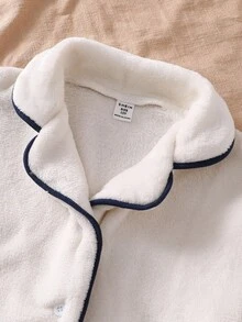 2 件套青少年男孩简约格子开衫，撞色领子和口袋，搭配灰色裤子，休闲家居服 - 白色 - 查看 3