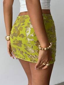 Aloruh Mini saia justa feminina, sexy e elegante, com cintura baixa e lantejoulas bordadas - Verde - Ver 4