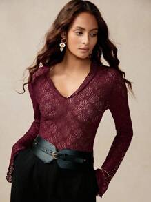 Florisole Women's Elegant Romantic Bohemian Lace T-Shirt Fall Cloth For Women