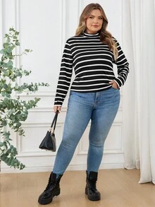 SHEIN CURVE+ Plus Size Women's French Striped Collar T-Shirt, Commuting, Minimalist, Office, Retro Style, Simple, Autumn Basic Layering Clothing