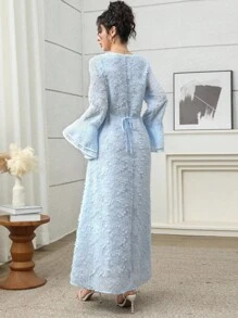 Yasmyna Váy kaftan ren tương phản cổ chữ V tay chuông dệt jacquard mềm mại thanh lịch dành cho nữ, Xuân/Thu - Màu xanh lam - Xem 4