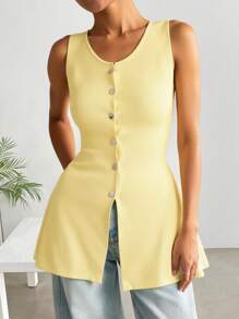 SHEIN EZwear 加大码黄色无袖针织背心，夏季清凉，商务休闲女士背心，纽扣针织上衣，女士无袖上衣，返校