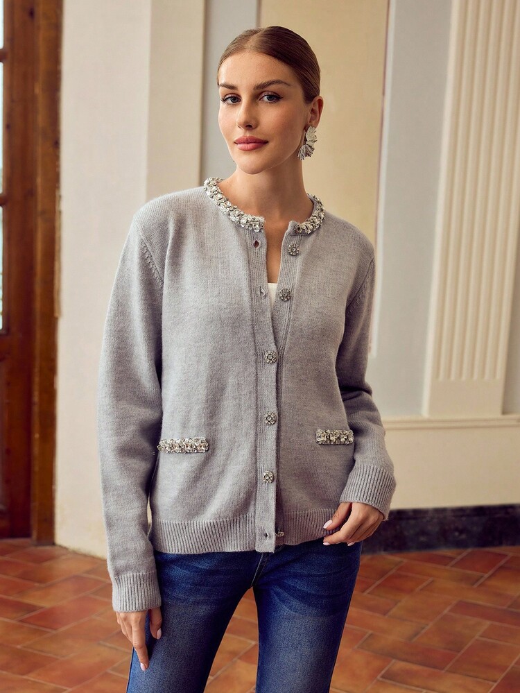 ZEYLAH 休闲时尚百搭长袖宽松纽扣女式开衫 - 灰色 - 查看 5