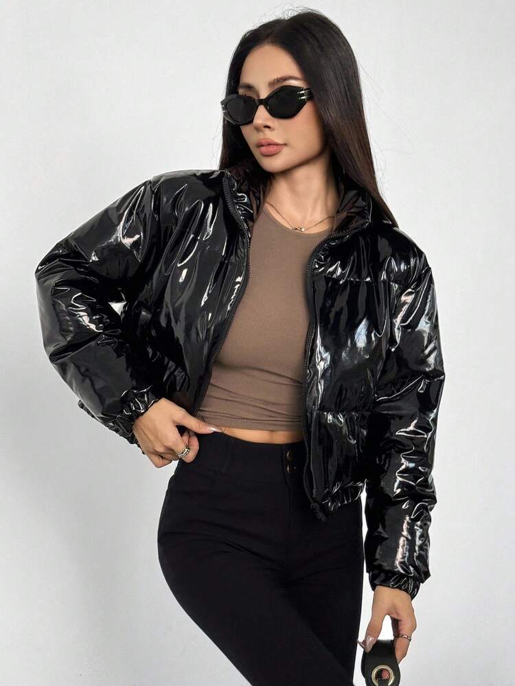 Teen Girl Casual All-Match Versatile Daily Metal Fabric Stand Collar Short Padded Coat Fall Winter - Black - View 4