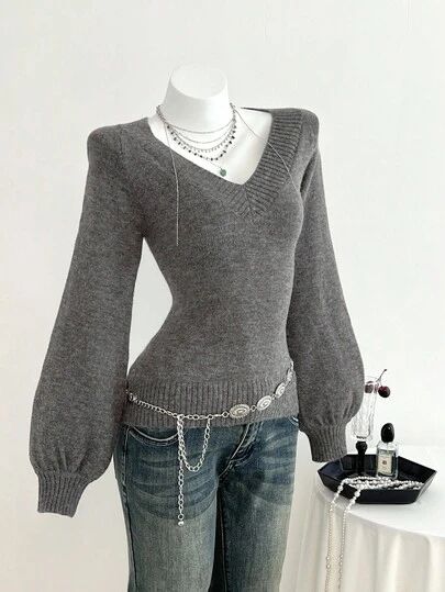 Elamini 女士休闲V领灯笼袖时尚毛衣