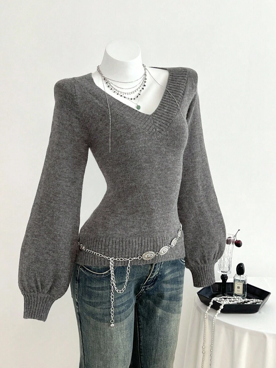 Elamini 女士休闲V领灯笼袖时尚毛衣