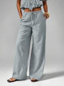 MISSGUIDED Puff Sleeve Embroidered Linen Feel Two Piece Coord Set Summer Cottagecore Style Spring Ruffle Trim Wide Leg High Waist Pants Beach Vacation Boho Resort Wear Collection - Blue - View 5