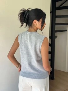 Elenzga 灰色刺绣休闲优雅针织背心，秋冬 - 灰色 - 查看 2