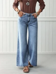 EMERY ROSE Quần Jeans Ống Rộng Dáng Rộng Có Nút Túi Phía Trước Cho Nữ - Rửa nhẹ - Xem 4