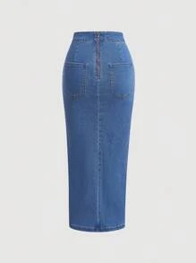 Sweetra 褶裥高开衩中长牛仔半身裙 - 中等水洗藍 - 查看 2