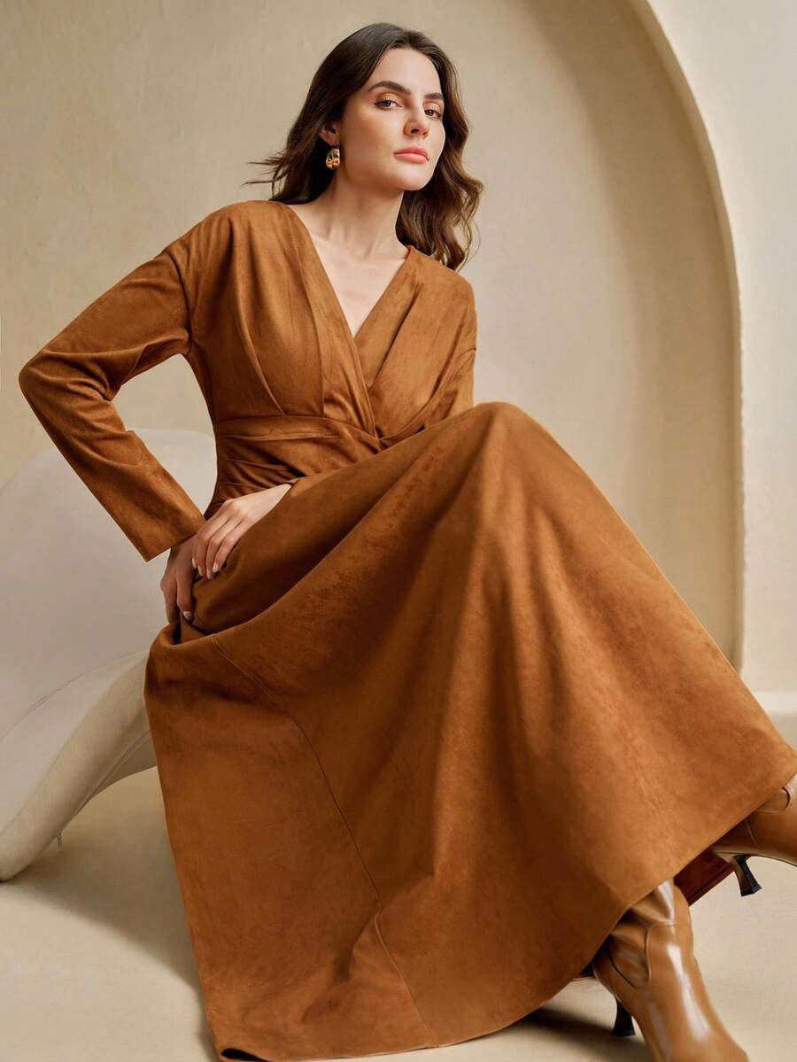 Anewsta Váy nữ xếp ly eo, thanh lịch và thời trang cho công sở và mặc hàng ngày - Cà phê - Xem 1