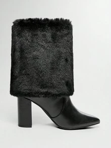 SHUZIA 女士迷人可折叠仿皮草衬里性感及膝粗跟靴 - 黑色 - 查看 5