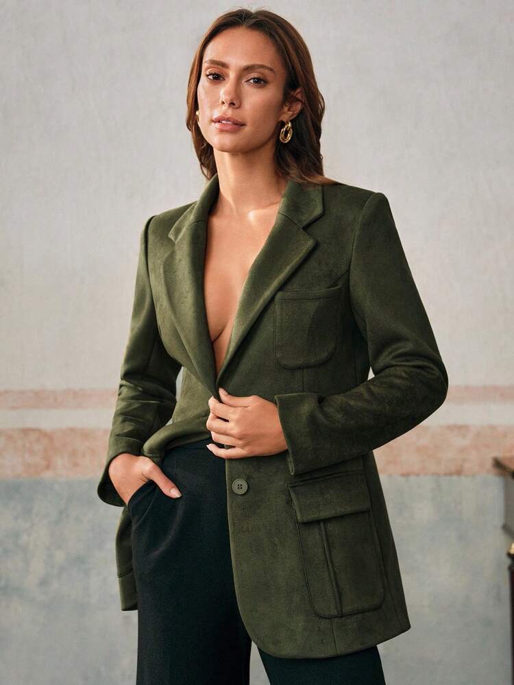 Anewsta Essential Suede Long Sleeve Elegant Multi-Pocket Blazer