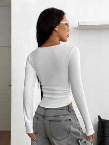 Coolane 女士冬季街头风休闲基础款简约褶皱白色圆领修身长袖保暖内衬T恤，秋季 - 白色 - 查看 6